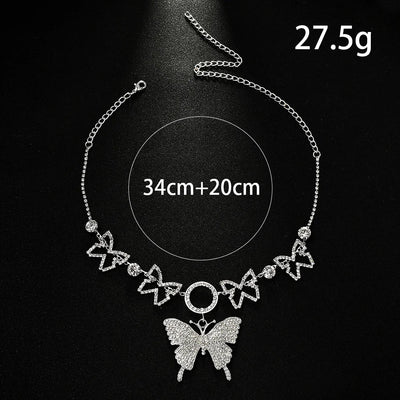 Large Butterfly Pendant Necklace Rhinestone Jewelry Hollow Round Butterfly Chain Choker