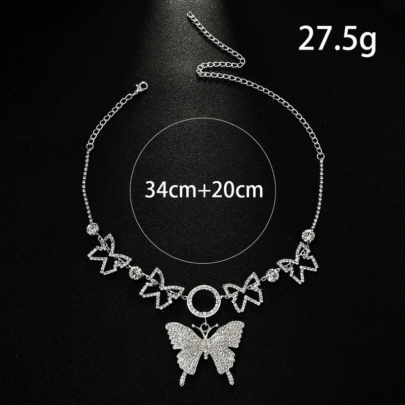 Large Butterfly Pendant Necklace Rhinestone Jewelry Hollow Round Butterfly Chain Choker