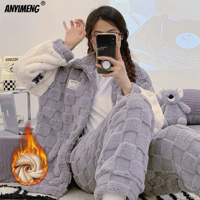 Winter Flannel Women Pajamas Zipper Lapel High-neck Sleepwear Sleepwear Thick Fluffy Loungewear Cardigan Pijamas sporty Homewear