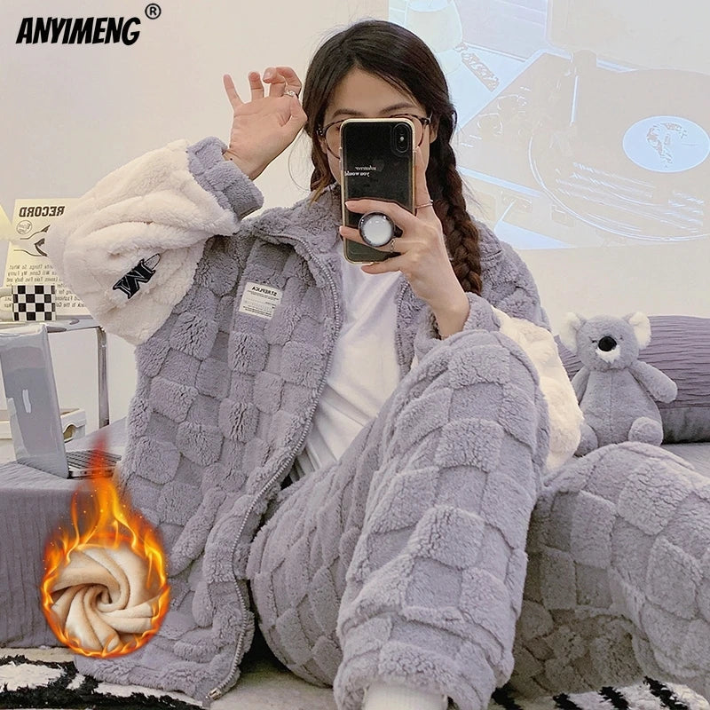 Winter Flannel Women Pajamas Zipper Lapel High-neck Sleepwear Sleepwear Thick Fluffy Loungewear Cardigan Pijamas sporty Homewear