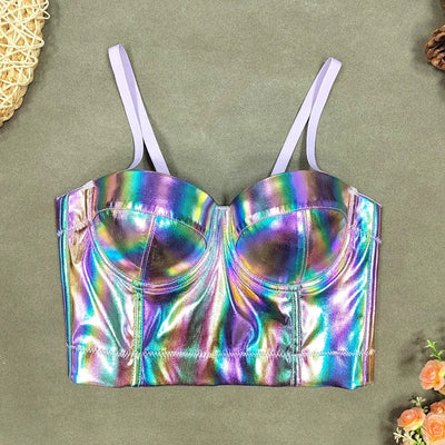 IRENE TINNIE Crop Top Multicolour Sparkle PU Leather Bra Push Up Bralet Women Tube Top Corset Bustier Party Lingerie Streetwear