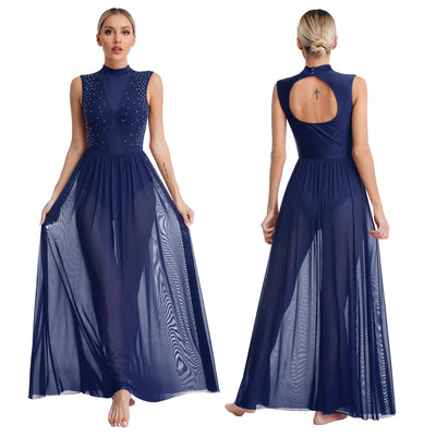 Womens Shiny Rhinestone Lyrical Dance Dress Maxi Dress Mock Neck Sleeveless Tulle Overlay Modern Contemporary Leotard Dresses