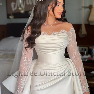 Eightree White Mermaid Wedding Dresses Formal Off The Shoulder Long Sleeve Bridal Dress Boho Beach Wedding Prom Gowns Customized