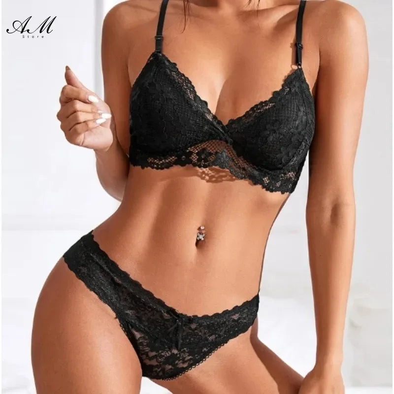 Sexy Lace Women Underwear Set Seamless Wire Free Bra Sets Hollow Out Bra and Panty Sets for Women Embroidery Intimates Lingerie