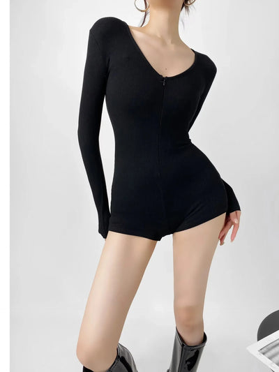 Sweet Trim Bodysuit Sexy Women clothing Winter Slim Zipper Long sleeves Overalls High waist shorts Korea Y2K Aesthetic Bodysuits