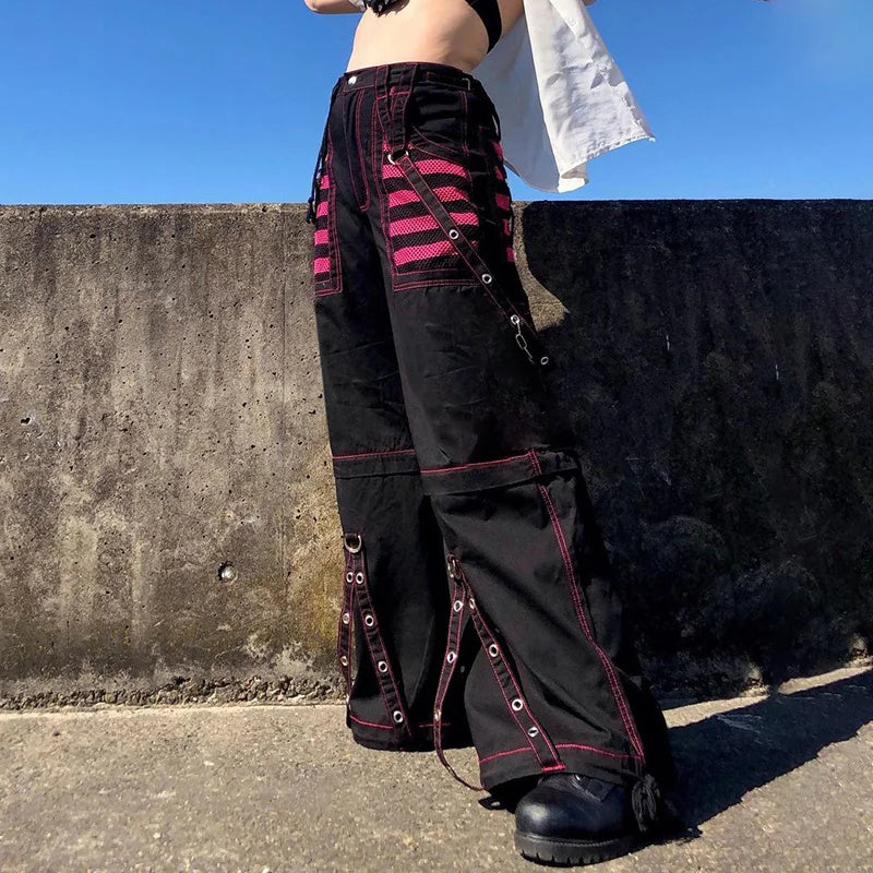 Gothic Women Punk Cargo Pants Wide Straight Leg Pants Grunge Hippie Baggy Trousers Y2k Academic Dark Clothes Streetwear