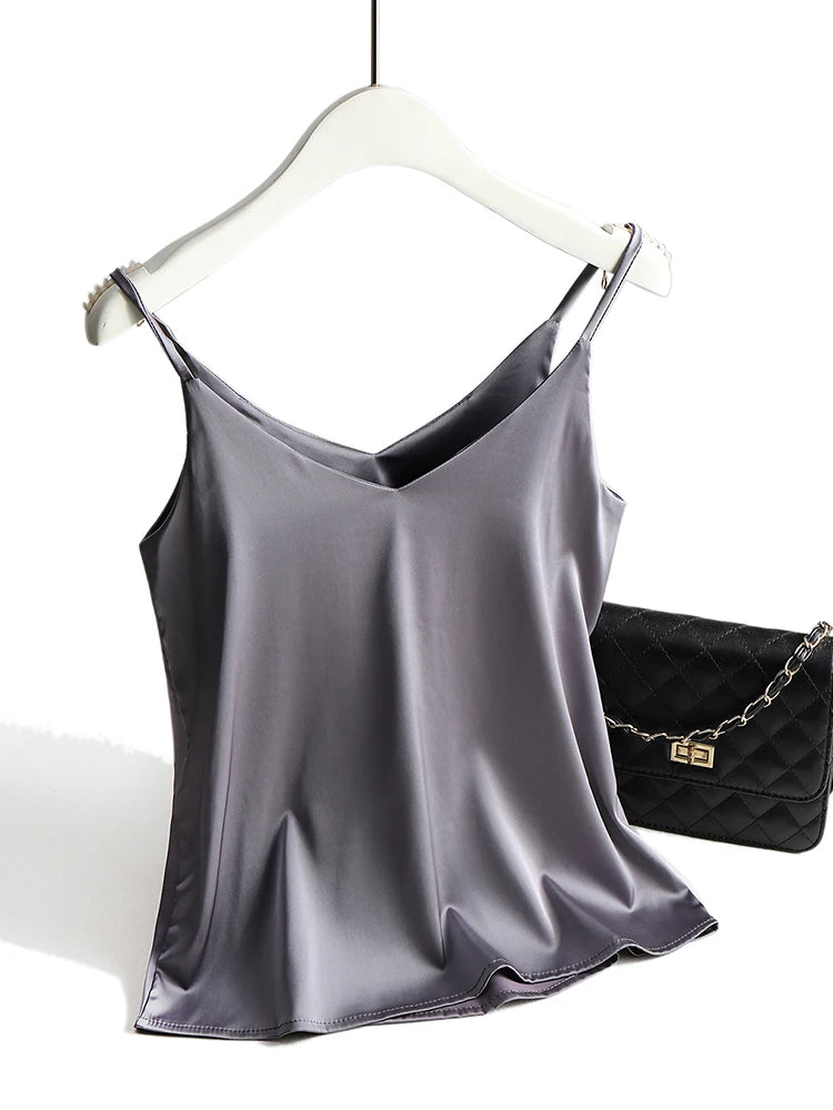 Spaghetti Strap Top Women Halter V Neck Basic White Cami Sleeveless Satin Silk Tank Tops Women&