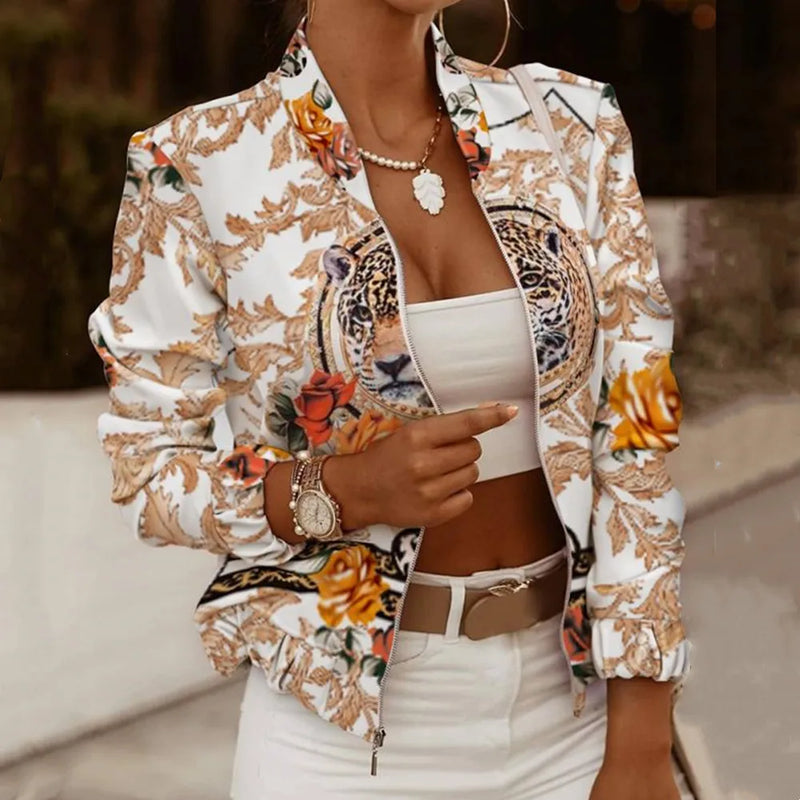 Women Autumn Retro Floral Print Jackets Spring Summer Long Sleeve Zipper Print Jacket Casual Pocket Slim Female Bomber Outwears