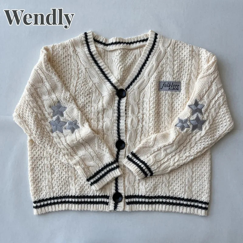 Beige Folklore Cardigan Women Letter Patch with Star Embroidered Knitted Sweater Female Winter Autumn Casual Oversized Cardigans