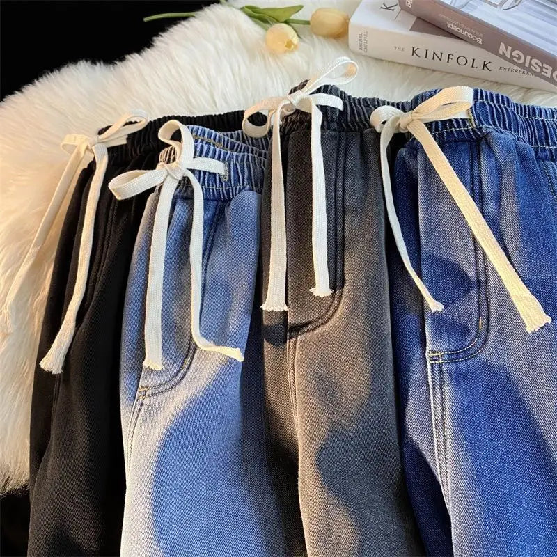 Retro Korean Jeans Men and Women Fall and Winter Models Padded and Thickened Loose Straight Wide-leg Casual Pants