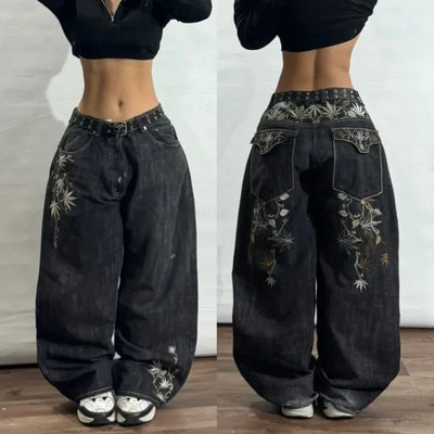 Y2K Street New Youth Fashion Embroidery Washed Casual Jeans Female 2024 Gothic Harajuku Retro Couple High Waist Wide Leg Pants