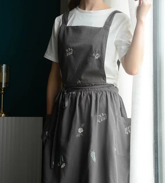 Cotton Embroidered X-Back Aprons Pinafore Apron Dress Cross Back Bib Apron with Pockets for Cooking Gardening Baking Painting