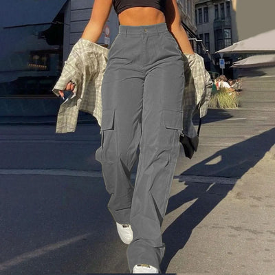 Women's Loose Cargo Pants High Waist Wide Leg Solid Color Full Length Trousers with Pockets Casual All Seasons Long Pants