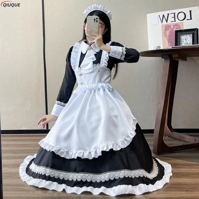 Women Maid Outfit Lolita Dress Cute Kawaii Cafe Costume Black White Men Uniform Long Apron Dress Mucama Cosplay Costume