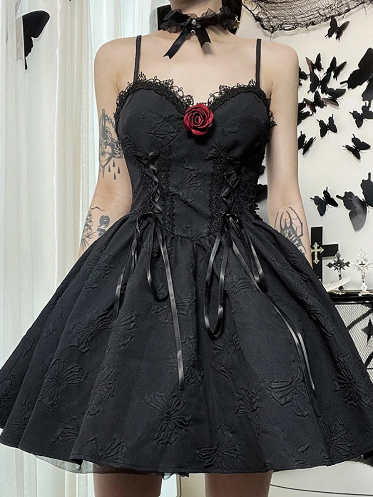 Goth Dark Tie Up Mall Gothic Elegant Women Dresses Grunge Aesthetic Jacquard A-Line Dress Emo Lace Trim Black Party Alt Clothes