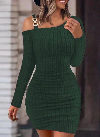 Sexy Chain Off Shoulder Mini Dress Women Autumn Fashion Bodycon Long Sleeve Dresses For Women Winter Skinny Knitted Vestidaos