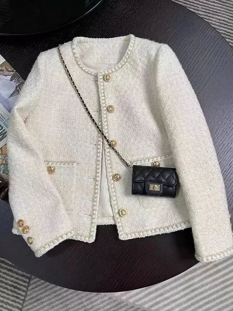 Jmprs Chic White Tweed Jackets Women Korean Long Sleeve Sweet Coat Fashion O Neck Elegant Casual Female All Match Outwear Tops