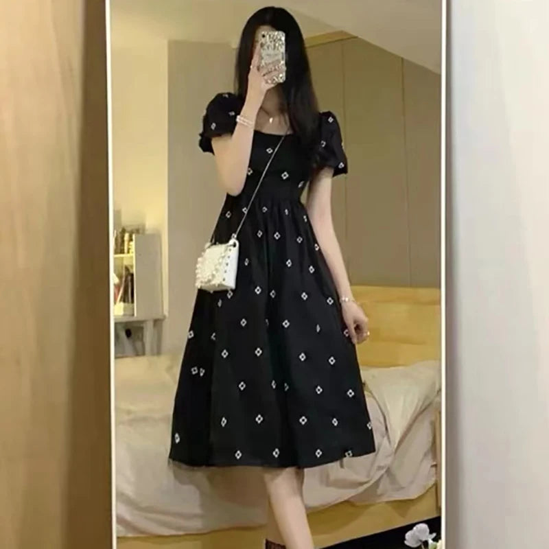 Elegant Women Midi Dress Korean Style Floral Print Square Collar Casual Black Dresses