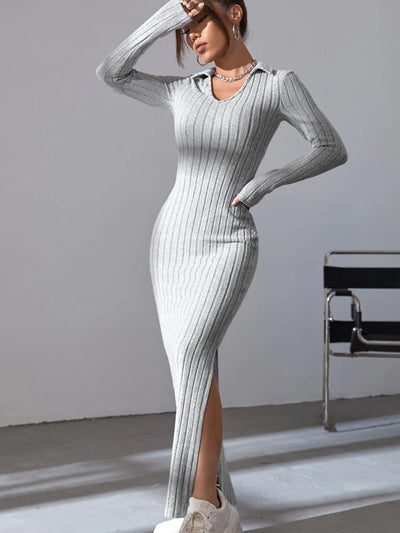 Women sexy knit V-neck reverse neck split dress autumn winter full sleeve elastic basic body sweater