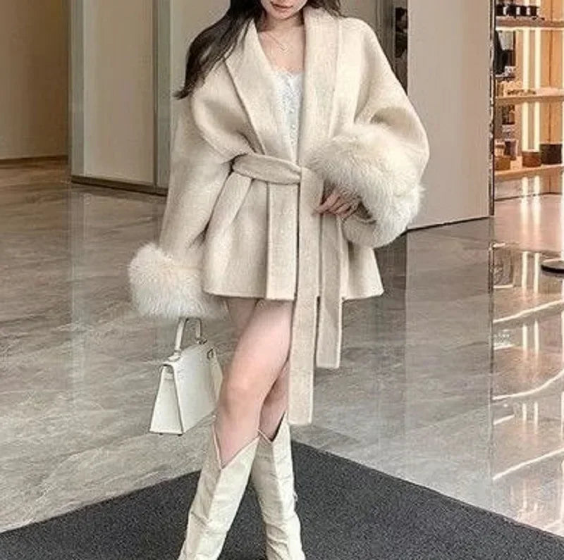 Winter New Loose Fit Lazy Style Chic Fashion V-neck Blend Coat for Women Wide Sleeves Outwear Stripes Female Wool Coat