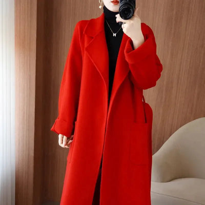 100% Pure Wool Double-Sided Cashmere Coat Women Winter New Mid-Length Loose Fashion Pockets Woolen Jacket Female Overcoat B551