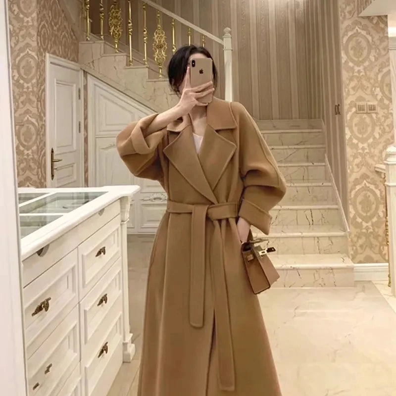 Fashion 100% Wool Coat Belt Black Woolen Long Coat For Women Oversize Loose Lapel Overcoat Autumn Lady High Street Outerwear