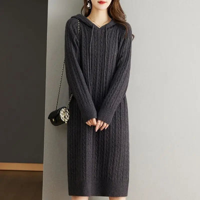 Autumn Winter Women Korean Fashion Simple Twists Hooded Sweater Dresses Elegant Chic Solid Long Sleeve Loose Knitted Midi Dress