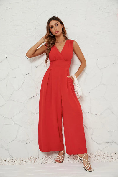 2025 Summer Women's Commuter Sleeveless Fashion V-neck Waist Sleeveless Jumpsuit