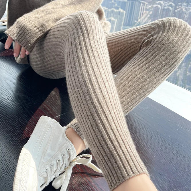 Slim Leggings Autumn Women High Waist Casual Trousers Knitted Ribbed Thicken Solid Elasticity Thermal  Ankle-Length Leggins