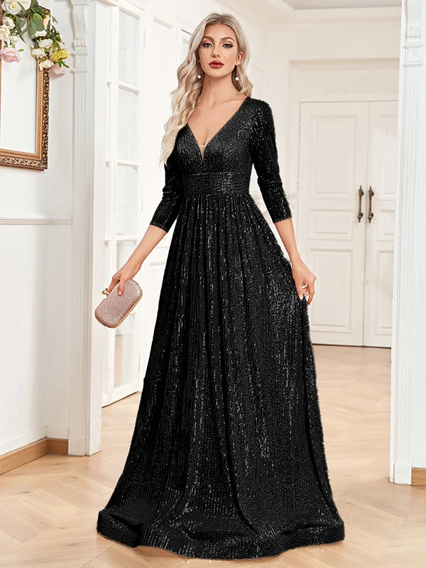 Lucyinlove Luxury V Neck Long Sleeves Blue Sequins Formal Evening Dress Women 2024 Wedding Party Prom Maxi Cocktail Dress Gowns