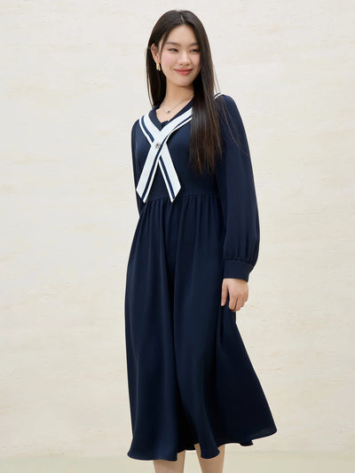 DUSHU Plus Size Women's 2025 Spring New College Style Contrasting Navy Collar Slimming Long Sleeved Dress 25DS81168