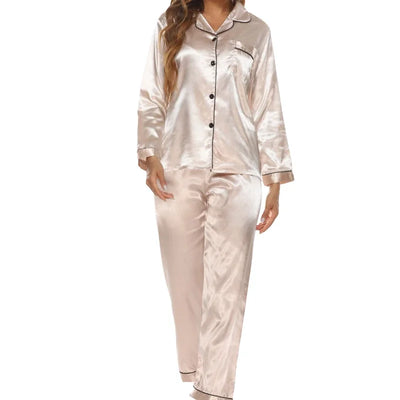 Luxurious Satin Pajama Set for Women Cozy Long Sleeve Top with Pocket and Waist Pants Button-Down Pajama Sleepwear Loungewear