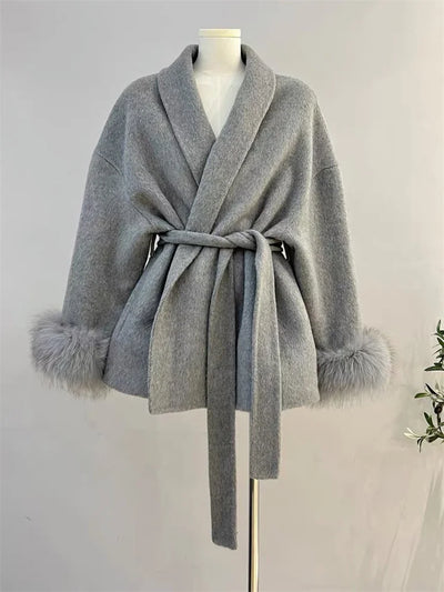 Tossy Fox Fur Wool Overcoat Women's Short Coat Office Lady Elegant Double-sided Woolen Coat 2025 New Cardigan Jackets Loose