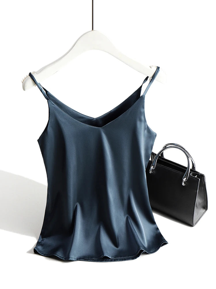 Spaghetti Strap Top Women Halter V Neck Basic White Cami Sleeveless Satin Silk Tank Tops Women&