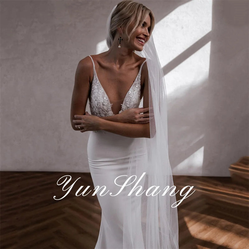 Yunshang Mermaid Wedding Dresses Lace V-Neck Spaghetti Straps Open Back Elegant Bridal Gown Train Vestidos De Novia Customized