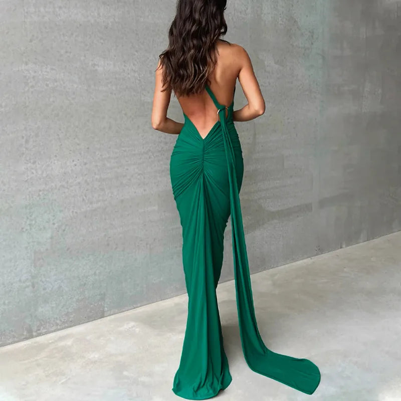 2023 New Fashion Elegant Maxi Dress for Women Sexy One Shoulder Bodycon Slim Pleated Solid Backless Dresses Party Club Clothes