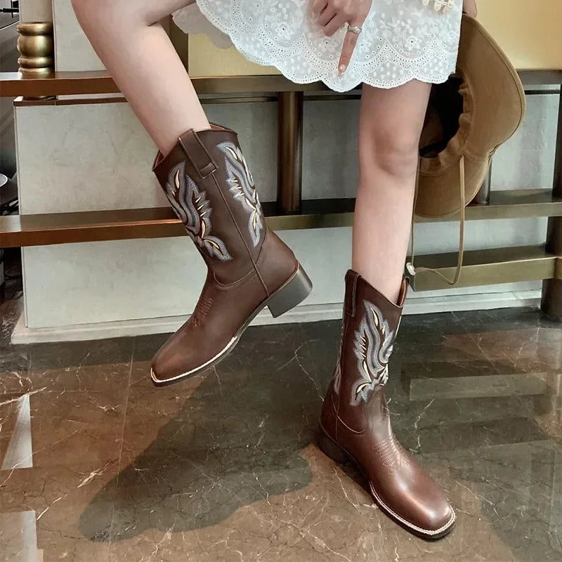 Winter Vintage Brown Women Boots Cowboy Boots Women 2024 Embroidered Square Toe Brown Long Boots Chunky Mid Calf Women Shoes