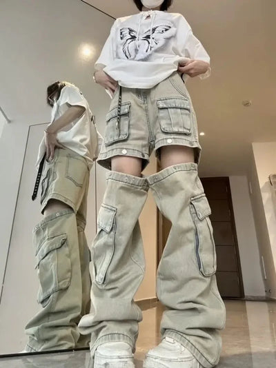 Explosions American New Detachable Design Sense Tooling Jeans Female Y2K Fashion Gothic Retro High Street Straight Waist Pants