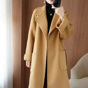 100% Pure Wool Double-Sided Cashmere Coat Women Winter New Mid-Length Loose Fashion Pockets Woolen Jacket Female Overcoat B551