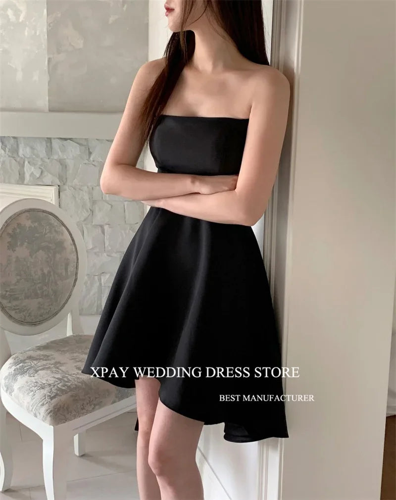 OLOEY Simple Black Satin Evening Dress Korea Photoshoot Party Dress Strapless Tiered Solid Color Prom Gown Wedding Party Dress