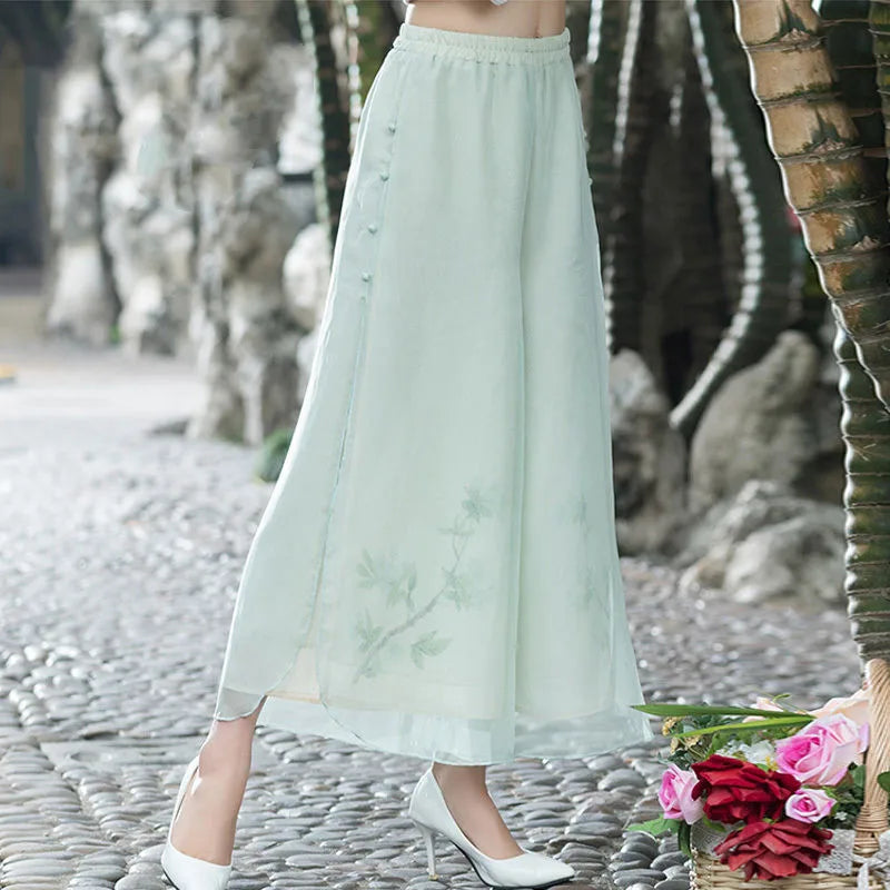 Chinese Ethnic Style Chiffon Print Wide-leg Pants Retro Literary Elasticated Waist Skirts Pants Summer Casual Women&