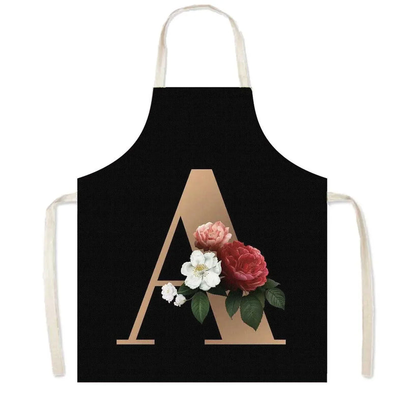 26 Initials Flower Print Kitchen Apron A-Z Letter Women Cooking Aprons BBQ Chef Waiter Home Baking Cleaning Tool Pinafore