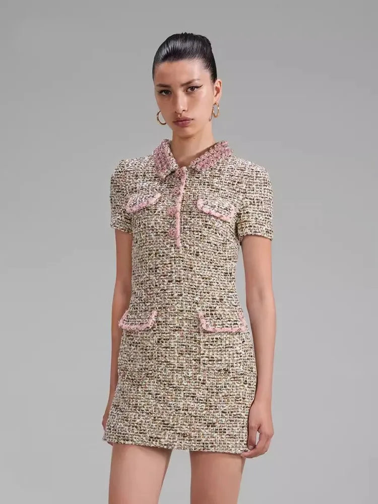 Designer Womem Slim Fit Diamonds Lapel Collar Tweed Dress Short Sleeve A Line Mini Dress Autumn Elegant Party Crystal Dresses