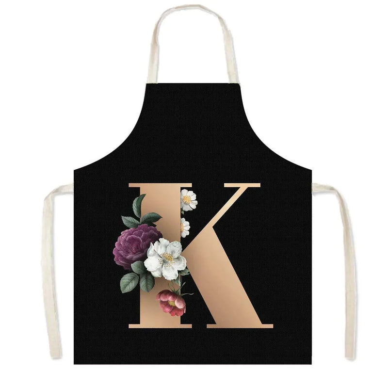 26 Initials Flower Print Kitchen Apron A-Z Letter Women Cooking Aprons BBQ Chef Waiter Home Baking Cleaning Tool Pinafore