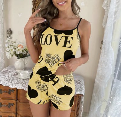 Women's Heart Print Summer Sleepwear Cami Top and Shorts Night Sleep Wear Pajamas 2 Pcs One Set Comfy Top with Shorts Pajamas