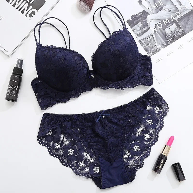 Japanese Style Lingerie Set Comfort Underwear Lace Thin Screw Thread Push Up Bra Set beauty back Big Size Women Bra Panties Set