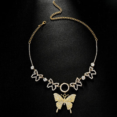 Large Butterfly Pendant Necklace Rhinestone Jewelry Hollow Round Butterfly Chain Choker