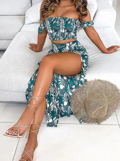 2-Piece Boho Chic Ensemble Off-Shoulder Smocked Tube Top&Floral High-Waist Split Maxi Skirt Summer Women Casual Wear Dress Sets
