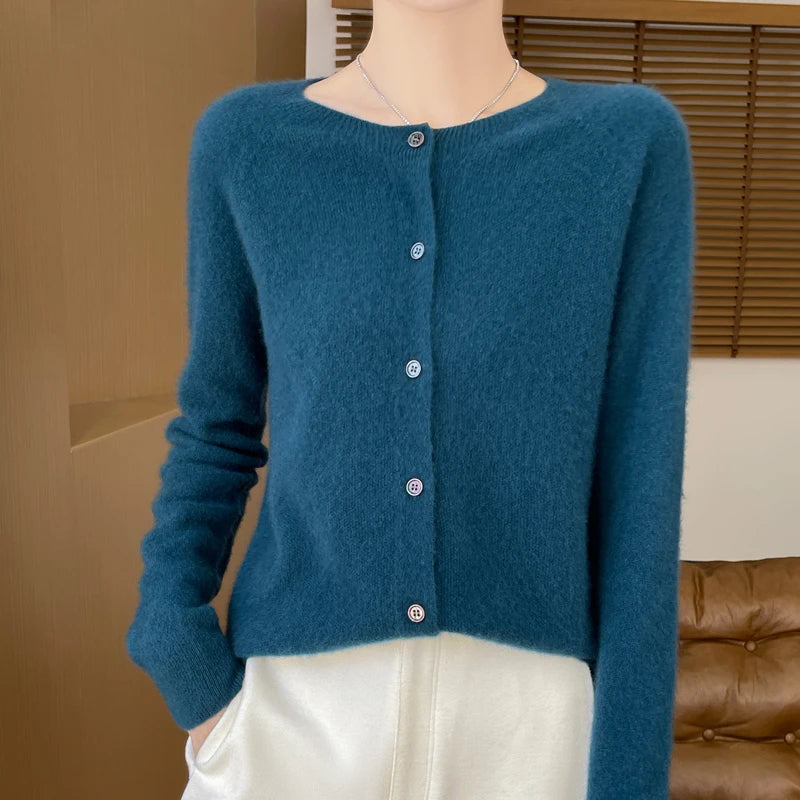 100% Merino Wool Long Sleeve Sweaters Cashmere Cardigan Spring Autumn Women O-Neck Knitwear Tops Clothing Fashion Basic Tops