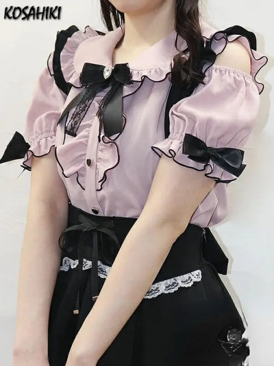 Sweet Lolita Fashion All Match Blouses Women Japanese Summer Y2k Aesthetic Ruffled Bow Shirts Girly Kawaii Patchwork Tops Blusas